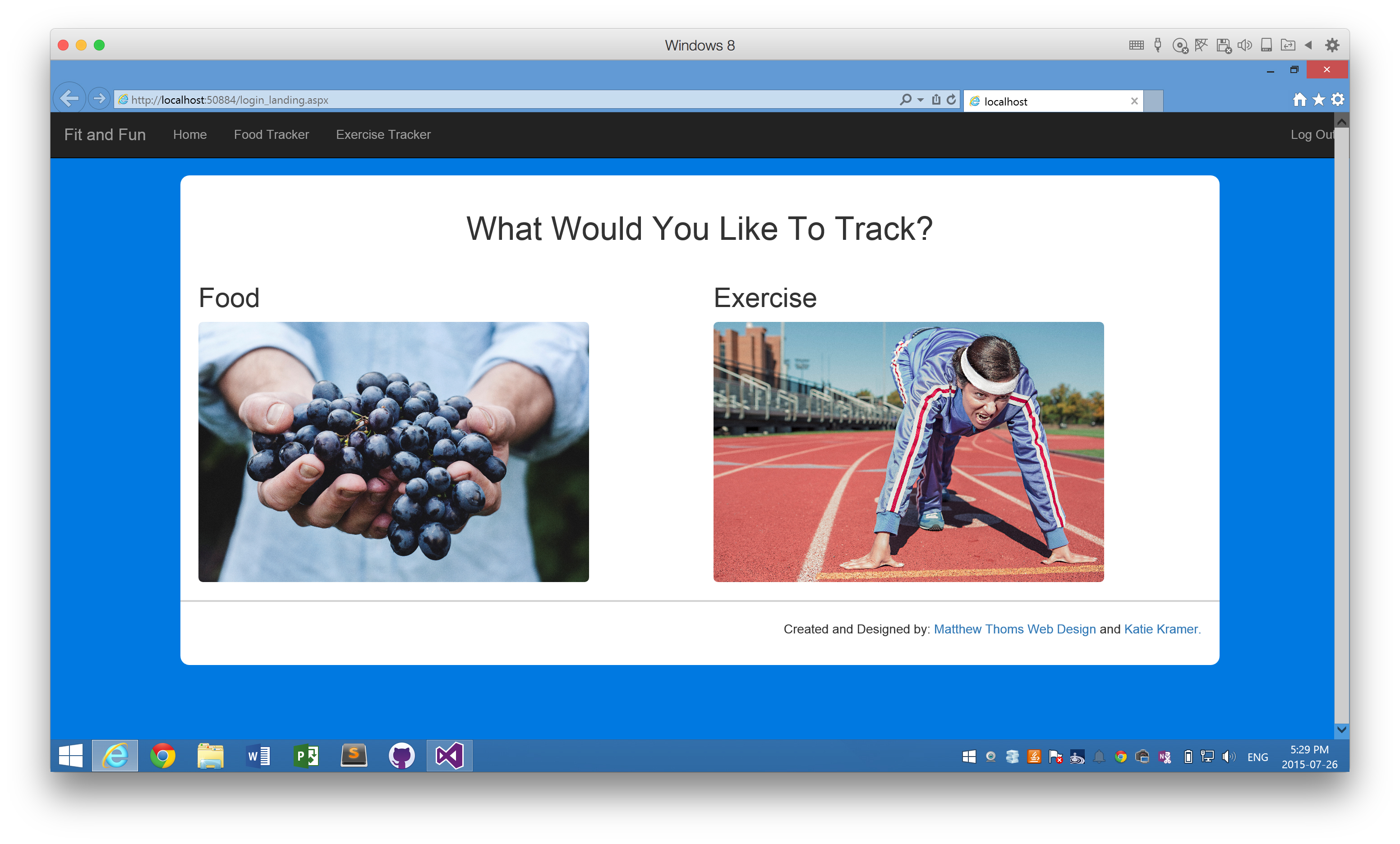 Image of the Food / exercise tracker in the internet explorer browser.