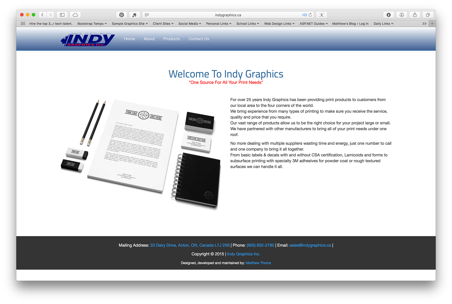 Image of indygraphics.ca in the Safari web browser.
