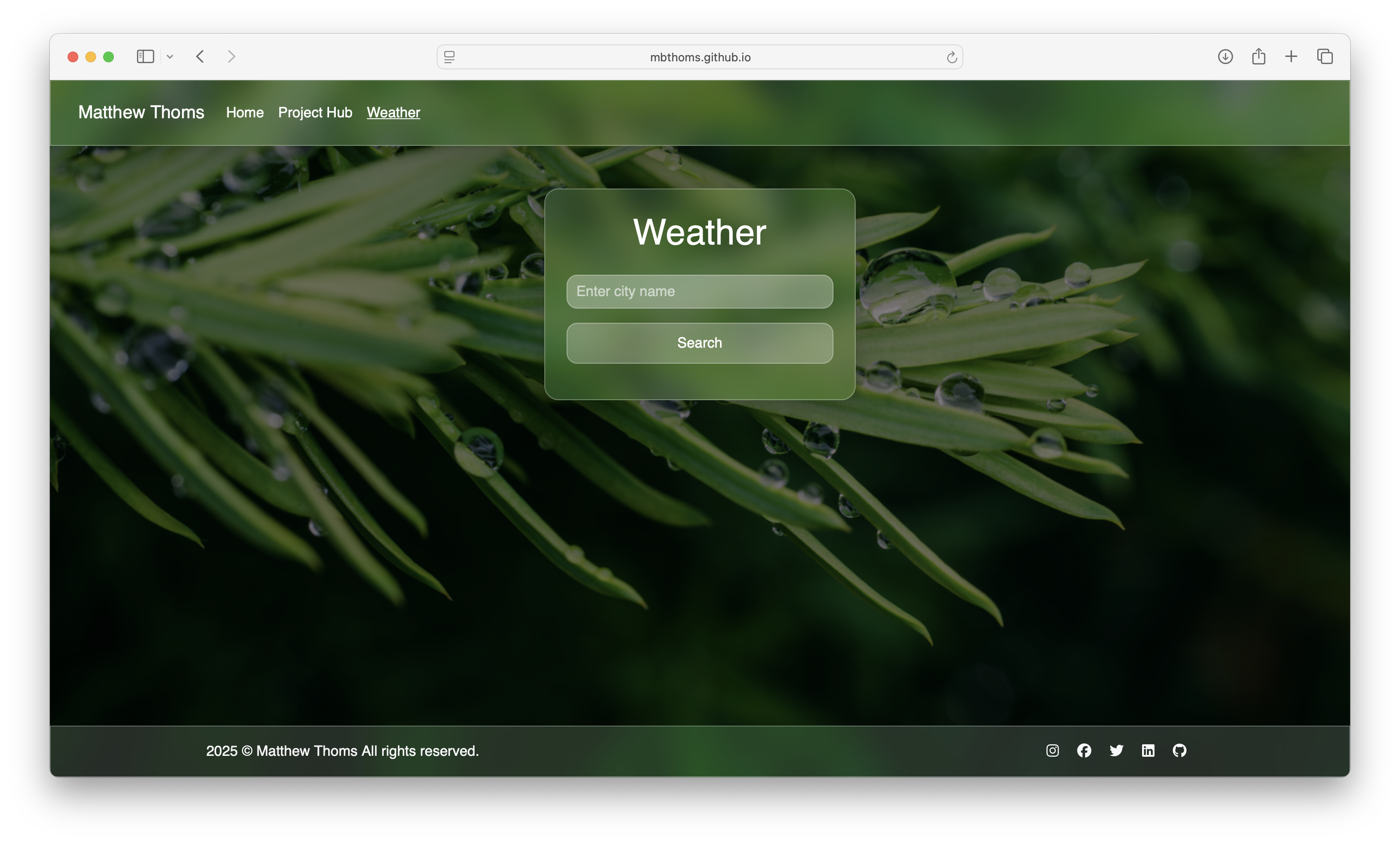 Image of the weather app project in the Safari browser.